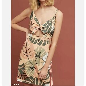 FARM RIO Palm Mini Dress Sundress Tropical Print Keyhole Front Tie V Neck XL